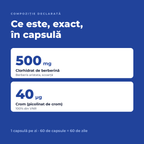Compoziție declarată: 500 mg clorhidrat de berberină din Berberis aristata și 40 µg crom picolinat, 100% din VNR