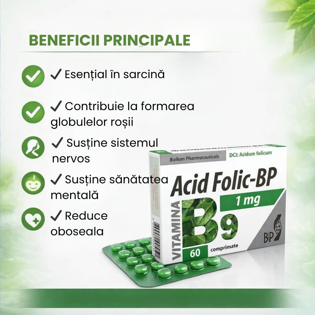Acid Folic 1mg, Supliment Vitamina B9, 60 Comp.