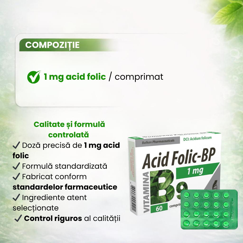 Acid Folic 1mg, Supliment Vitamina B9, 60 Comp.
