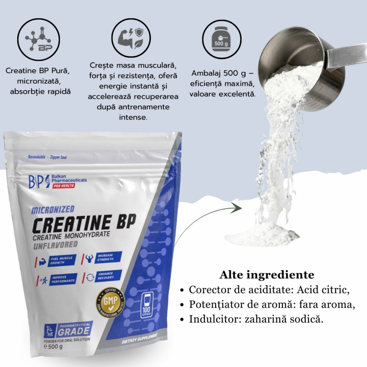 Creatine BP (creatină monohidrată), 500g, 100 de porții, pulbere