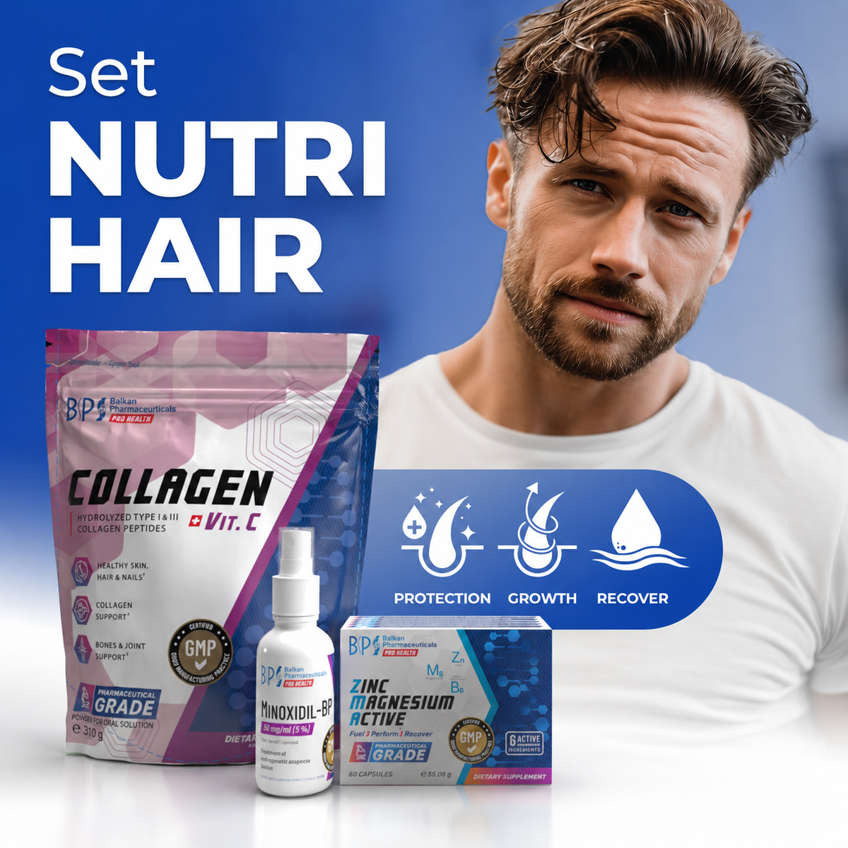 SET NUTRI HAIR pentru Bărbați • Minoxidil 5% + Colagen tip I și III & ZMA • Abordare Completă Împotriva Căderii Părului – set pentru 1 lună