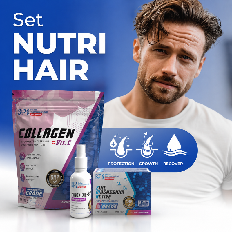 SET NUTRI HAIR pentru Bărbați • Minoxidil 5% + Colagen tip I și III & ZMA • Abordare Completă Împotriva Căderii Părului – set pentru 1 lună