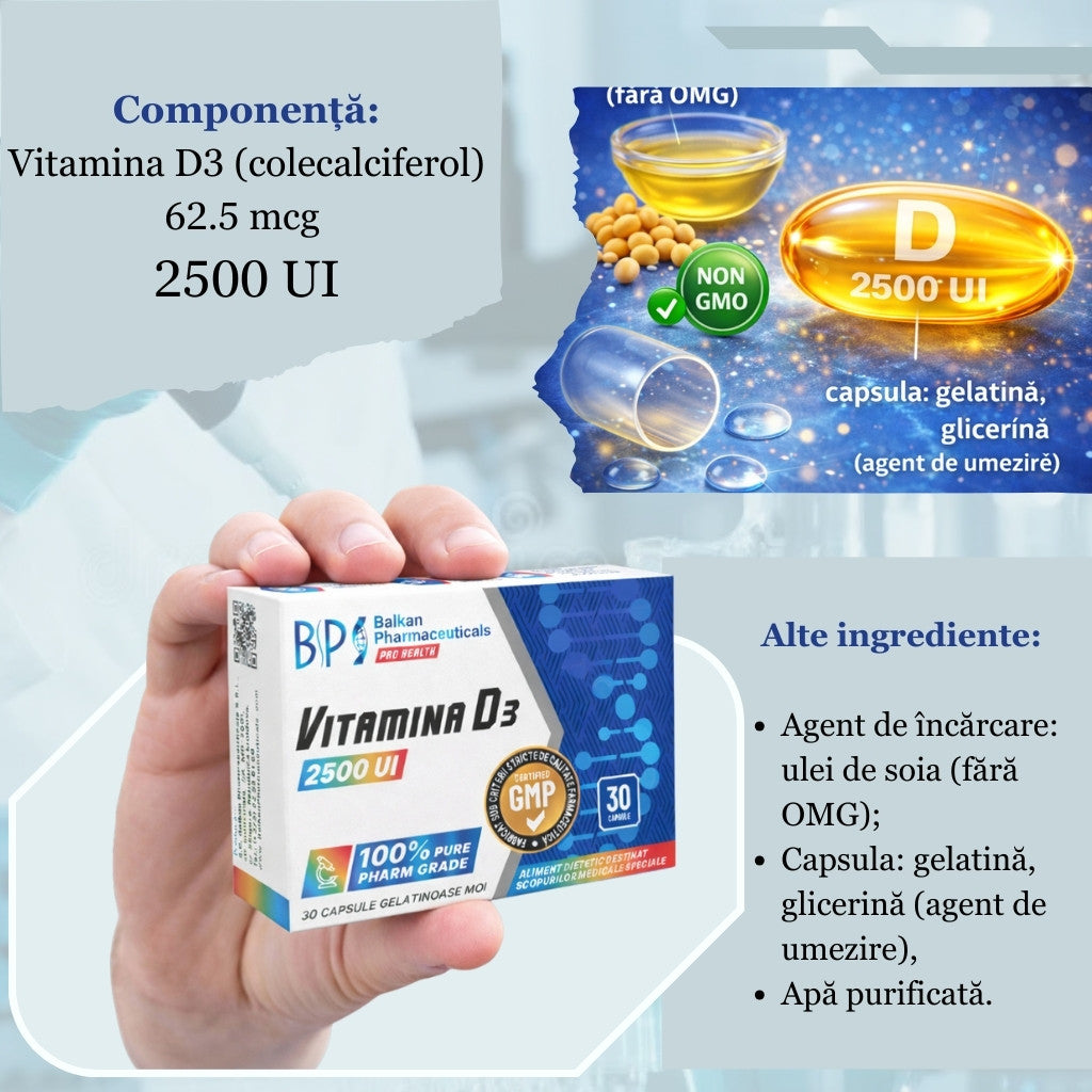 Vitamina D3, 2500UI, 30 caps.