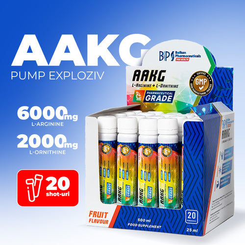 AAKG Shot 9500mg, Pre-Workout cu Arginină și Citrulină, 20 fiole x 25ml, Aromă Fructe