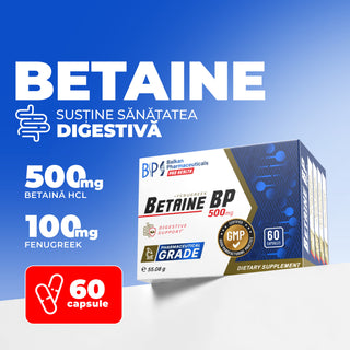Betaine BP, Supliment pentru Digestie și Aciditate Stomacală, 500 mg, 60 caps.