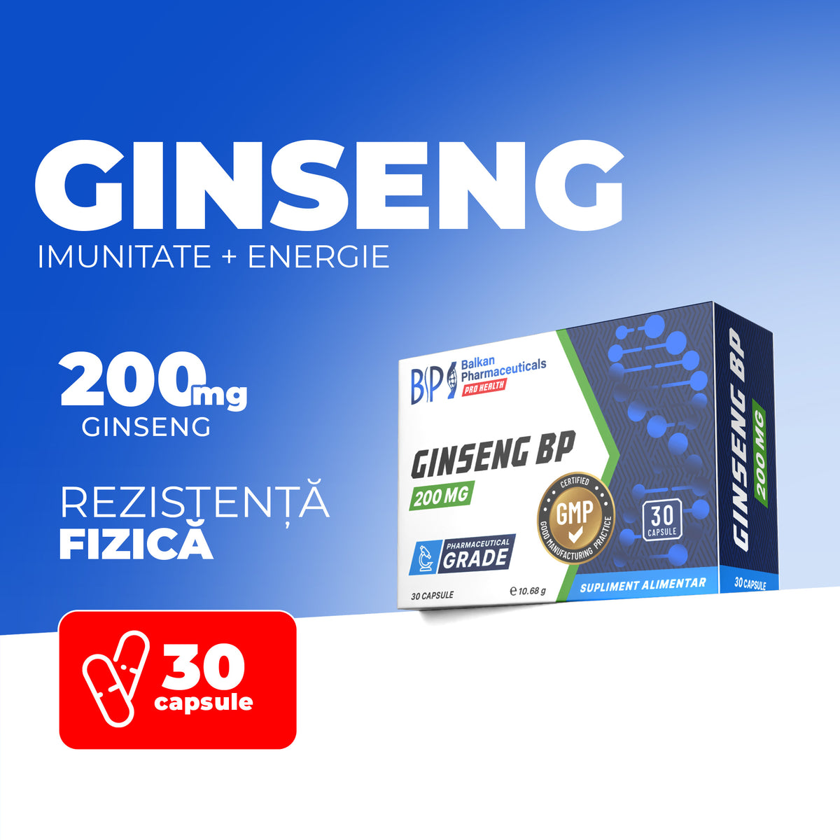 Ginseng BP 200mg – Supliment pentru Rezistență Fizică și Vitalitate, 30 Capsule