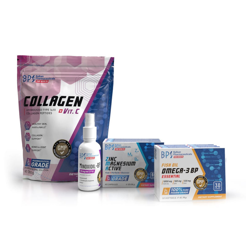 SET NUTRI HAIR pentru Bărbați • Minoxidil 5% + Colagen tip I și III & ZMA • Abordare Completă Împotriva Căderii Părului – set pentru 1 lună