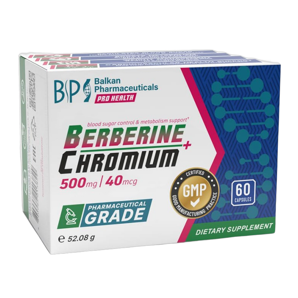 Cutia Berberine + Chromium de la Balkan Pharmaceuticals, 60 capsule, 500 mg berberină și 40 mcg crom, cu sigiliu GMP