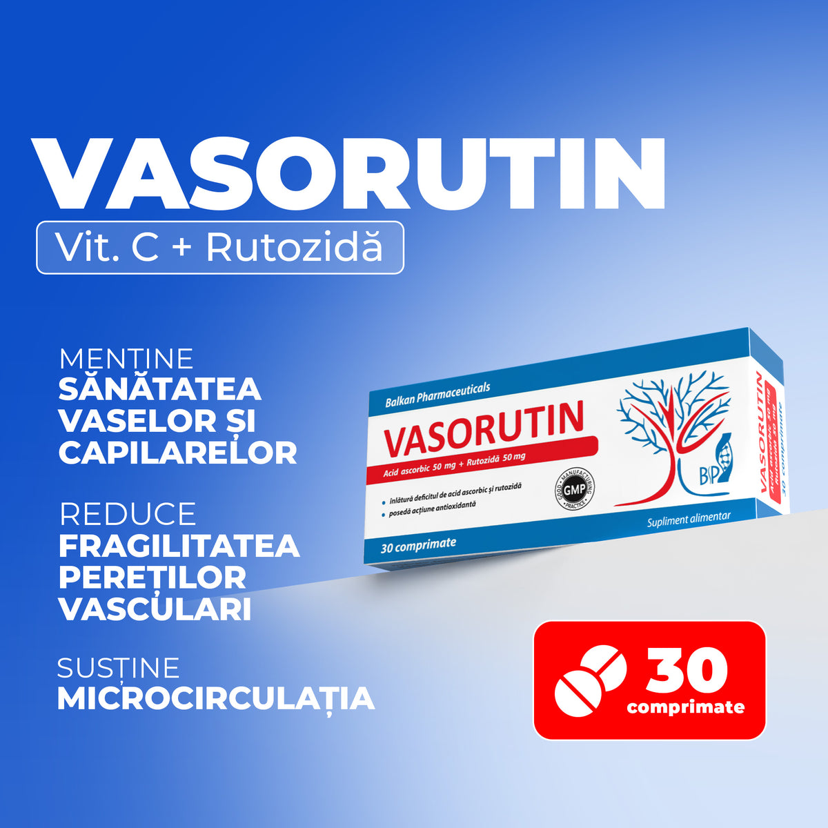 Vasorutin, Rutozidă și Vitamina C, 30 comp.
